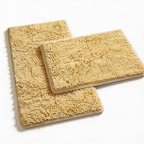 Bathroom Rugs Sets 2 Piece Plush Chenille Bath Rugs Non-Slip Bath Mats Absorbent Shaggy Rugs,Bathtub Mat,Bathroom Mats,Washable Bathroom Carpet for Tub, Shower,Washroom-32x20 + 24x16 Light Cream