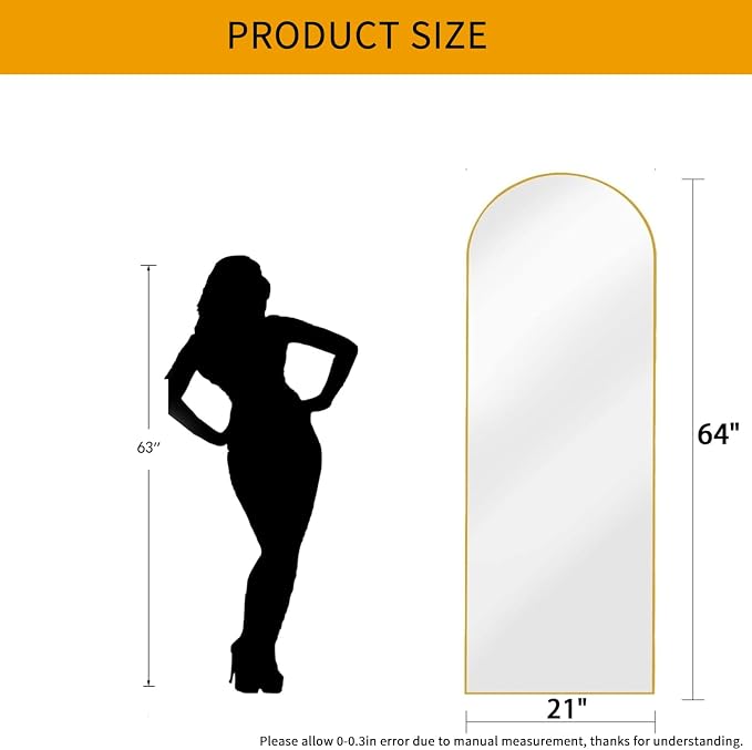 Dewfig Mirror Full Length, 64"X21" Arched Floor Mirror, Gold | Aluminum Alloy Frame Full Body Mirror, HD Shatterproof Tempered Glass, Lean/Stand/Wall for Living Room,Bedroom, Dressing Room