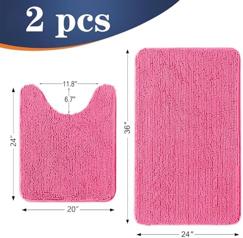 OLANLY Chenille Bathroom Rugs Mats Sets 2 Piece, 36"x24"+24"x20", Hot Pink