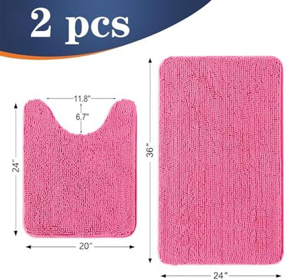 OLANLY Chenille Bathroom Rugs Mats Sets 2 Piece, 36"x24"+24"x20", Hot Pink