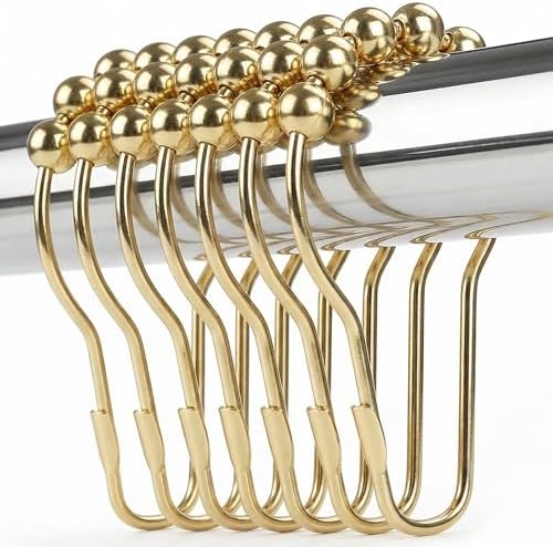 Shower Curtain Hooks Rings, Rustproof Metal Shower Curtain Rings for Bathroom Shower Rods Curtains - Set of 12, Golden