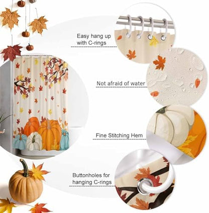 Shower Curtain Bathroom Set Fall Thanksgiving Pumpkin Maple Leaf Waterproof Shower Curtains with Grommets Hooks Orange Gradient Privacy Bath Curtain for Bathtub Decor 36x72in