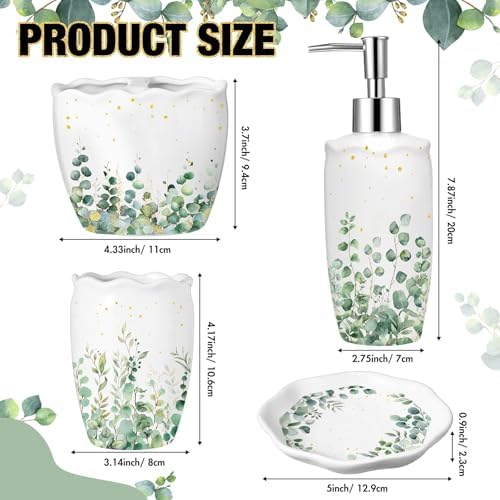 Newtay Sage Bathroom Accessories Set 4 Piece, Ceramic Soap Dispenser with Pump, Toothbrush Holder, Tumbler Cup & Soap Dish, Botanical Greenery Countertop Decor, White with Gold Speckles