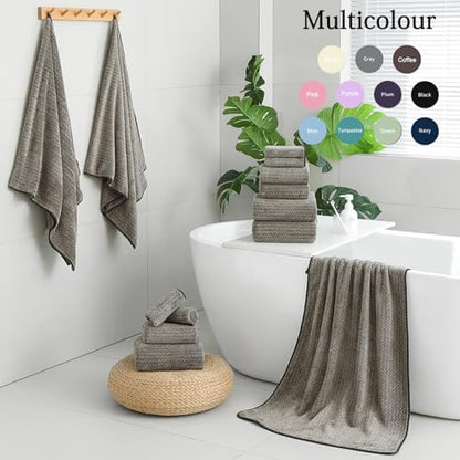 Ycosy 18 Piece Bath Towels Set,100% Microfiber Family Bathroom Towel with Hanging Loops-6 Bath Towels,6 Hand Towels,6 Washcloths,Quick Dry Highly Absorbent Shower Towel for Bathroom,Hotel,Spa-Brown