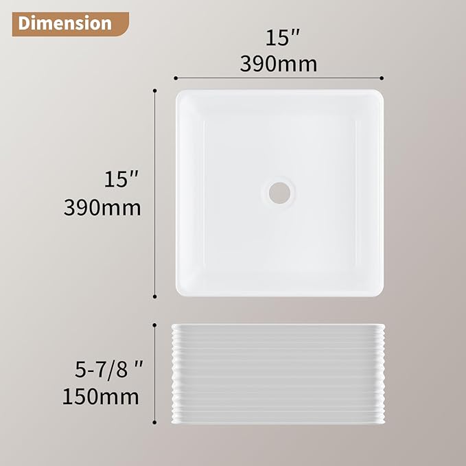 16"X16" Bathroom Vessel Sink, 6" Basin Depth Rectangular Bathroom Sink, Above Counter White Porcelain Ceramic Modern Vanity Sink Rectangle Art Basin
