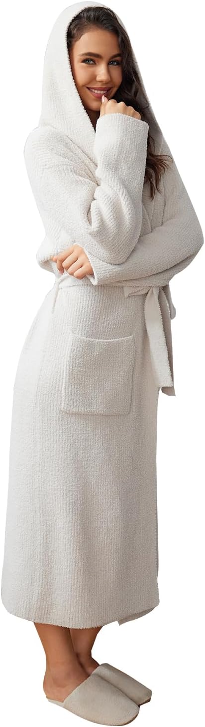 MH MYLUNE HOME Ultra Soft Robes for Women with Pockets, Womens Robe Plush | Hooded House Robes for Women Calf-Length, Spa Bath Robe, Cozy Comfy Fluffy Fuzzy Robe for Women, Womens Bathrobe