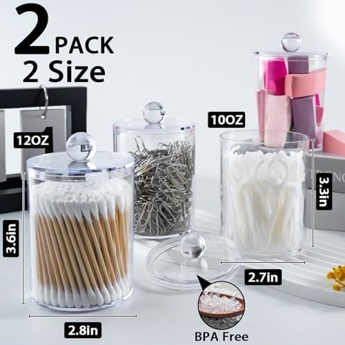 2 Pcs Acrylic Qtip Holder, Cotton Ball Holder Jars with Lids, Clear