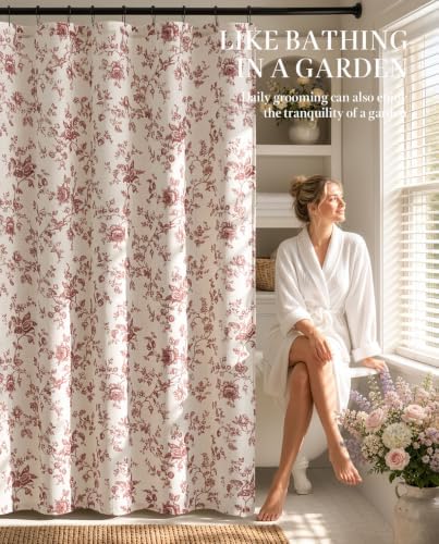 jinchan Linen Shower Curtain for Bathroom with 12 Hooks, Red, 70x72
