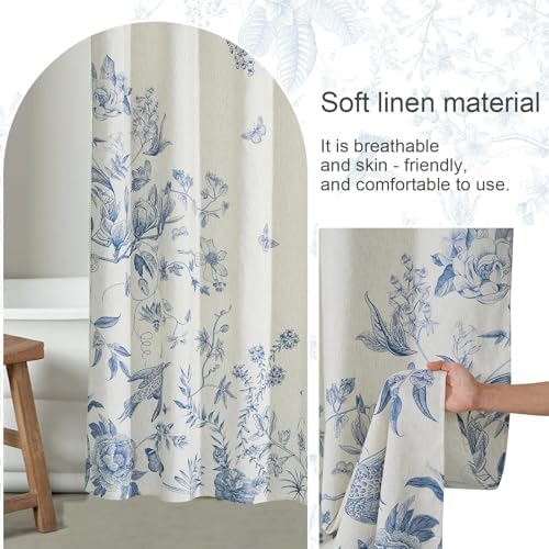 ORTIGIA Linen Shower Curtain Farmhouse Vintage Blue Birds Floral Shower Curtains Spring Summer Boho Rustic Cottagecore Decor for Bathroom 72 W x 72 L