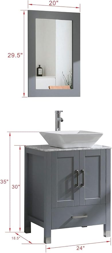 24" Gray Bathroom Vanity with Sink Combo, Solid Wood Cabinet with Ceramic Sink, Marble Countertop, Chrome Faucet, Mirror, Painted Finish