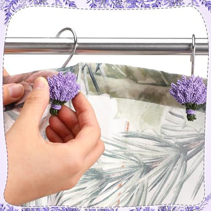 Amyhill 12 Pcs Lavender Shower Curtain Hooks Purple Floral Decorative Hooks Rings Bulk Cute Hanger Stainless Steel Resin Spring Flower Themed Shower Hook for Bathroom Bedroom Home Living Room Decor