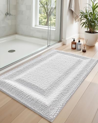 DEXI Bathroom Rugs 43x24, Non Slip Washable Chinelle Bath Mat, White