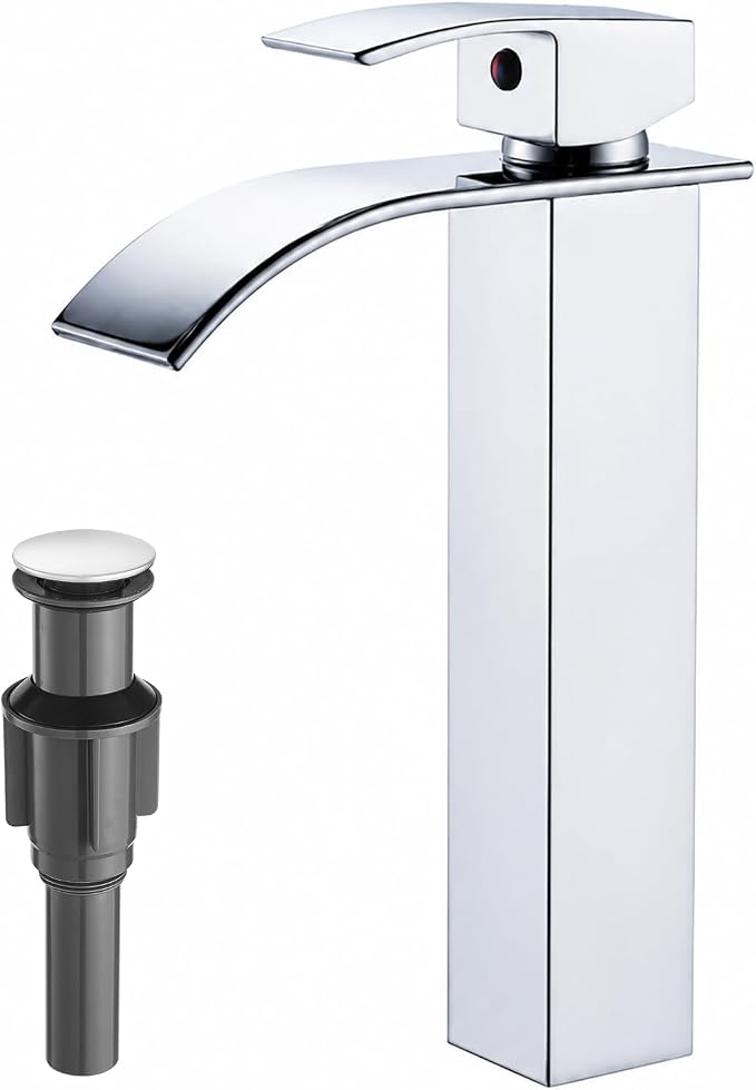 VOTON Vessel Sink Faucet Chrome Modern Tall Waterfall Bathroom Sink Faucet with Pop-Up Drain Single Handle Bathroom Faucet 1 Hole Bowl Lavatory Vanity Faucet, Rv Sink Camper Farmhouse Bathroom Faucet