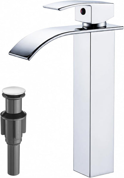 VOTON Vessel Sink Faucet Chrome Modern Tall Waterfall Bathroom Sink Faucet with Pop-Up Drain Single Handle Bathroom Faucet 1 Hole Bowl Lavatory Vanity Faucet, Rv Sink Camper Farmhouse Bathroom Faucet