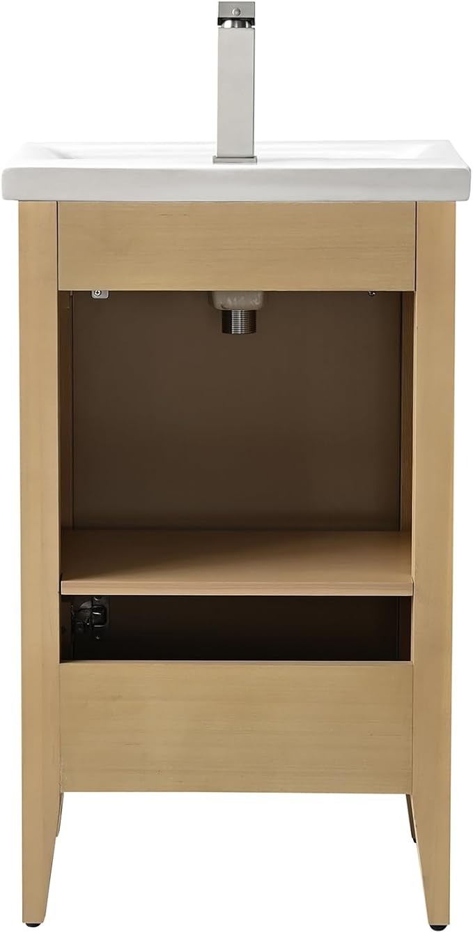 HOMEBEYOND 20" Bathroom Vanity with Ceramic Sink, Solid Wood Free-Standing Vanities Cabinet, Ceramic Top, Golden Brushed Hardware & Soft Closing Door, Natural Oak