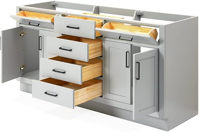 ARIEL Hepburn 72-inch Bathroom Vanity Base Cabinet,Solid Wood, 4 Soft Closing Doors, 6 Dovetail Drawers, Grey