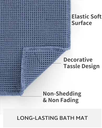 Waffle Bath Mat Rug, Super Absorbent Non Slip Bath Mats for Bathroom Mat Ultra Soft Bathmat Machine Washable Bathroom Rugs with Tassels, Bath Rugs for Bathroom Floor Beside Tub, 18" x 30", Blue