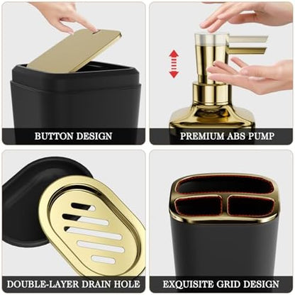 XLHOMO Bathroom Accessories Set - 25PC Bathroom Set with Shower Curtain and Rugs, Black Bathroom Set, Bathroom Accessory Set with Press-on Lid Trash Can, Soap Dispenser and Qtip Holders