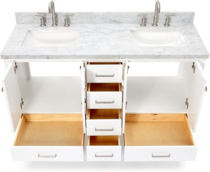 ARIEL Cambridge 60-inch Bathroom Vanity with Sink,Solid Wood, 1.5-inch Italian Carrara Marble Countertop, Double Rectangular Porcelain Sink, 4 Soft Closing Doors, 6 Dovetail Drawers, White
