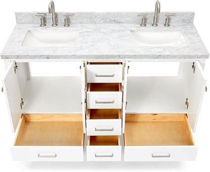 ARIEL Cambridge 60-inch Bathroom Vanity with Sink,Solid Wood, 1.5-inch Italian Carrara Marble Countertop, Double Rectangular Porcelain Sink, 4 Soft Closing Doors, 6 Dovetail Drawers, White