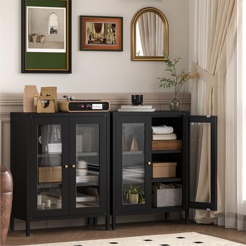 YAUWOH Metal Bathroom Cabinet with Glass Doors,Bathroom Floor Storage Cabinet with 2 Adjustable Shelves & 2 Doors, Sideboard for Small Spaces, Living Room, Dining Room, Home Office