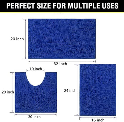Bathroom Rugs Chenille 3-Piece Extra Soft and Absorbent Shag Bathroom Rugs, Machine Wash Mat, Strong PVC Non-Slip Underside, Plush Carpet Mats (Royal Blue)