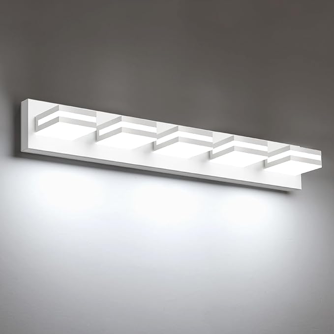 IZORRO LED Modern Bathroom Lights Fixtures(5-Light,Dimmable),Matte White Acrylic Wall Lighting,Vanity Lights for Bathroom Over Mirror - 6000k 36In （No Assembly Required）