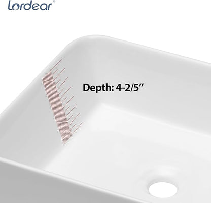 Lordear Vessel Sink Rectangle 19 Inch Bathroom Sink,Rectangular Modern Above Counter Bathroom Sinks White 19x15 Inch Porcelain Ceramic Vessel Vanity Sink Art Basin