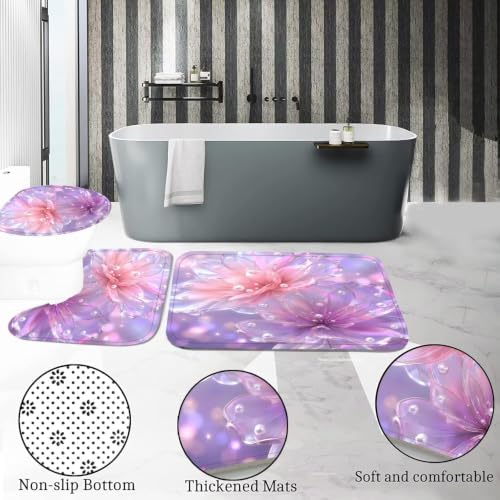 DDQQ 4 Pcs Floral Bathroom Sets with Shower Curtain and Rugs, Pink and Purple Lotus Bathroom Decor Set, Pearl Shower Curtain Set with 12 Hooks