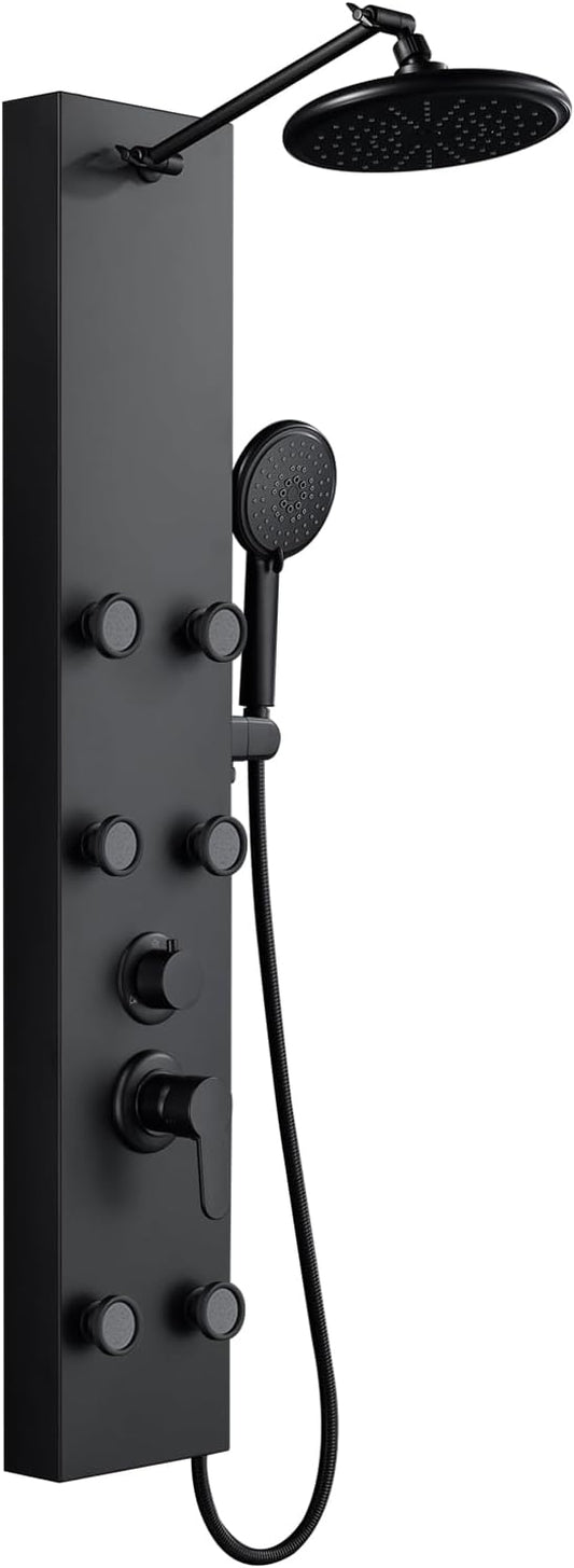 ROVOGO Shower Panel Tower System with Height Adjustable Shower Arm, Rain Shower, 6 Body Jets and Handheld, Stainless Steel Shower Column, All Black