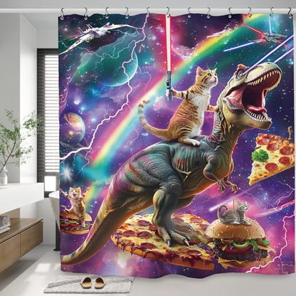 Funny Dinosaur Cat Shower Curtain 60Wx72L Inch Cool Kids Boys Galaxy Space Universe Hilarious Animal Bathroom Set Accessories Decor with 12 Pack Hooks