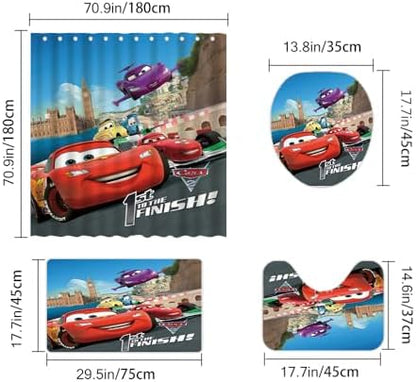 Cute Cartoon Shower Curtain Set 4 Piece with Non-Slip Rugs, Toilet Lid Cover and Bath Mat Cartoon Bathroom Decor 72 x 72inch (Cars)