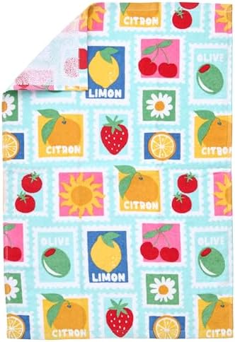 Ritz 4-Piece Kitchen Towel Set, Citron Vine & Summer Fruit Stamp Prints with Yellow & Blue Textured Terry, 100% Cotton & Absorbent Blend, 16" x 26", Vintage Mediterranean Fruit Kitchen Decor