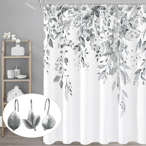 Grey Plant Leaf Shower Curtain Hooks,Eucalyptus Bathroom Decor,12PCS