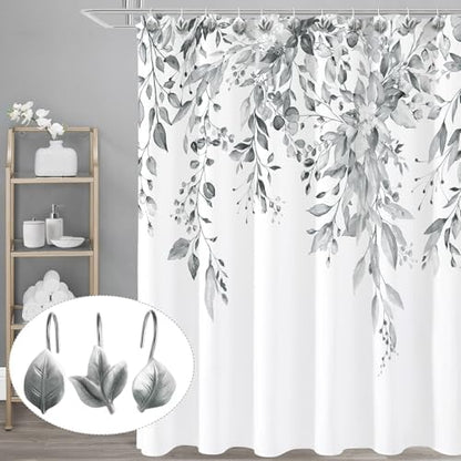 Grey Plant Leaf Shower Curtain Hooks,Eucalyptus Bathroom Decor,12PCS