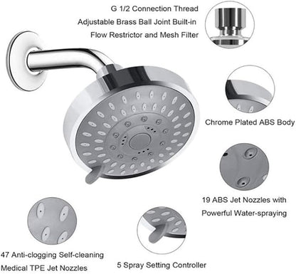 Shower Head High High Flow Pressure Rain Fixed Showerhead 5-Setting with Bathroom Showerhead with Adjustable Brass Ball Joint - for Luxury Shower Experience Even at Low Water Pressure