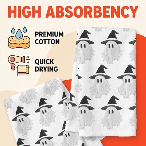 2 Pack Halloween Hand Towels 100% Cotton Jacquard Ghost Halloween Kitchen Towels White Bathroom Towels Set Seasonal Bathroom Decor (Cute Ghost, Halloween)