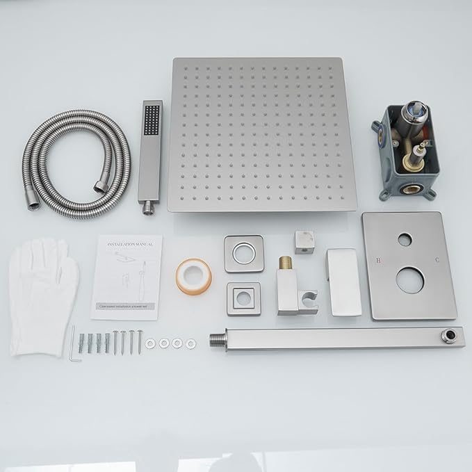 Brushed Nickel Shower System 16 Inch Bathroom Luxury Rain Mixer Shower Combo Set Wall Mounted Rainfall Shower Head and Handheld System Shower Faucet Set Rough-in Valve Body and Trim Kit