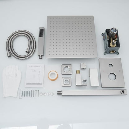 Brushed Nickel Shower System 16 Inch Bathroom Luxury Rain Mixer Shower Combo Set Wall Mounted Rainfall Shower Head and Handheld System Shower Faucet Set Rough-in Valve Body and Trim Kit