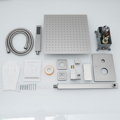 Shower Faucet Set Complete, Wall Mount Shower System for Bathroom 12 Inch High-Pressure Rainfall Shower with Handheld, Rough-in Valve Body and Trim Kit, Brushed Nickel