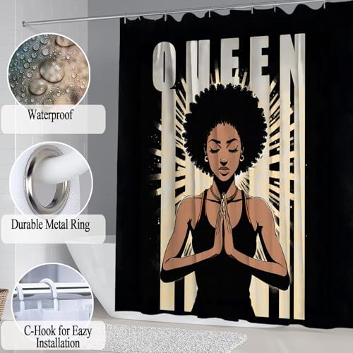 4Pcs Bathroom Shower Curtain Sets, Inspirational Quote African American Black Queen Shower Curtains with Rugs Toilet Lid Cover Bath Mat, Praying Black Girl Bathroom Decor Set