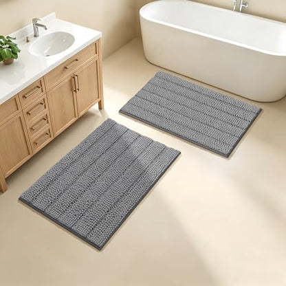 Bcoimo Bath Rug Mat Sets, 2 Piece Extra Soft Chenille Gray Bathroom Mat Set