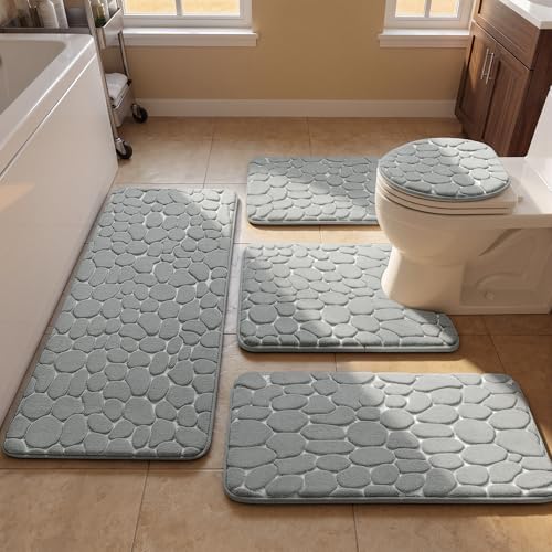 YIHOUSE Bathroom Rugs Mat Set, Memory Foam Bath Mat 5 Piece Gray
