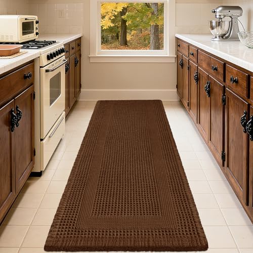 Extra Large Waffle Bath Mat, Boho Woven Modern Bath Rug Absorbent Non Slip, Ultra Soft Bathroom Mats, Machine Washable Knit Bath Rugs with Tassels for Bathroom, Bedroom, Kitchen, Tub, 5'x2', Brown