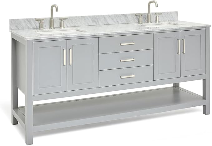 ARIEL Magnolia 72-inch Bathroom Vanity with Sink,Solid Wood, 0.75-inch Italian Carrara Marble Countertop, Double Rectangular Porcelain Sink, 4 Soft Closing Doors, 3 Dovetail Drawers, Grey