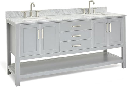 ARIEL Magnolia 72-inch Bathroom Vanity with Sink,Solid Wood, 0.75-inch Italian Carrara Marble Countertop, Double Rectangular Porcelain Sink, 4 Soft Closing Doors, 3 Dovetail Drawers, Grey