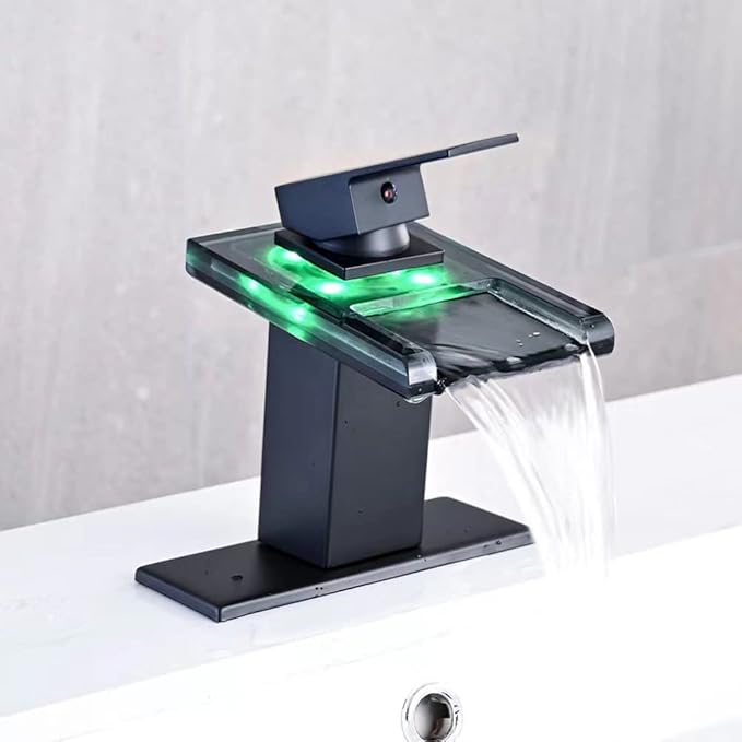 LED Bathroom Sink Faucet, Matte Black Waterfall Single Hole Handle Vanity Faucets for Sinks 1 Hole with Metal Pop Up Drain and 2 Water Supply Lines, Open Glass Spout