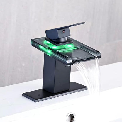 LED Bathroom Sink Faucet, Matte Black Waterfall Single Hole Handle Vanity Faucets for Sinks 1 Hole with Metal Pop Up Drain and 2 Water Supply Lines, Open Glass Spout