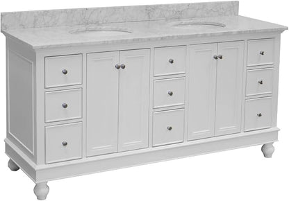 Bella 72-inch Double Bathroom Vanity (White/Carrara): Includes White Cabinet with Authentic Italian Carrara Marble Countertop and White Ceramic Sinks