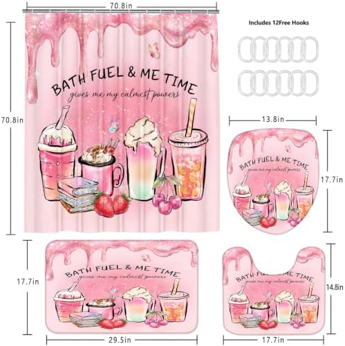 LQCOOL Pink Shower Curtain Set with Rugs,Waterproof Bathroom Sets Pink Shower Curtain with 12 Hooks for Bathroom Decor,Toilet Lid Cover & U-Shaped Mat